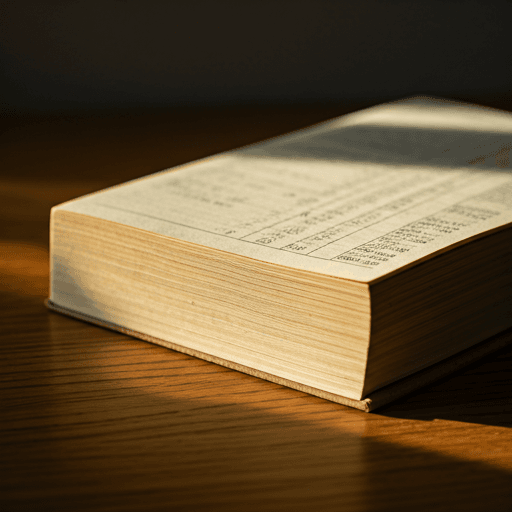 Leather-bound accounting ledger book on a wooden desk in golden light