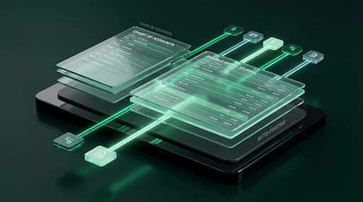 Floating chart of accounts and double-entry journal connected by auto-posting beams