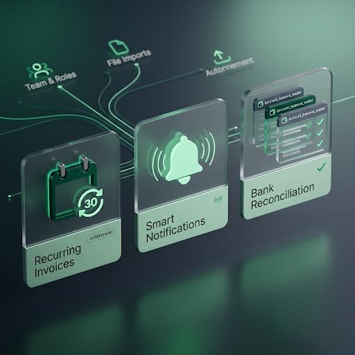 Recurring invoices, smart notifications and bank reconciliation panels around the Maxam workflow
