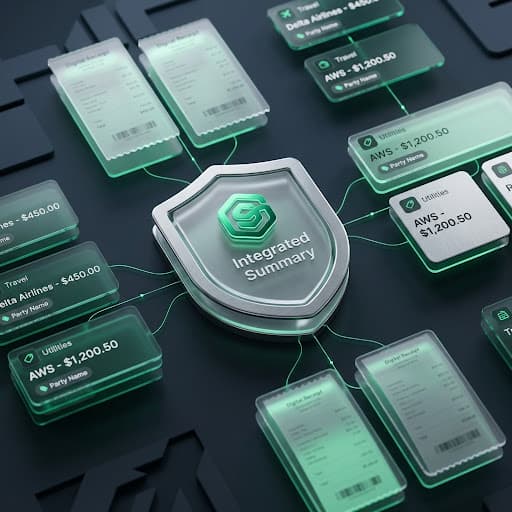 Receipts and expense tiles converging on a central Integrated Summary shield